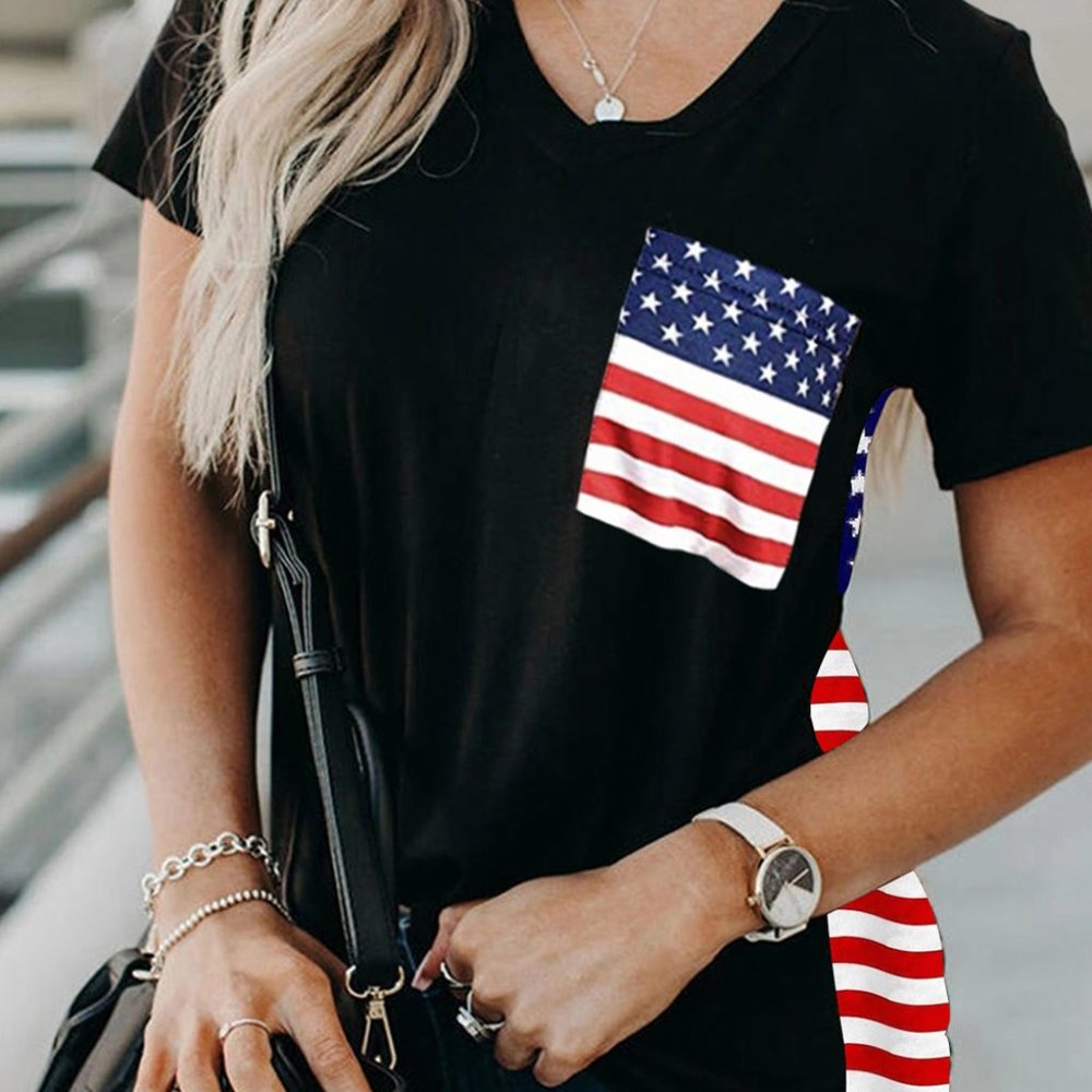 Black V-Neck Top with American Flag Accents